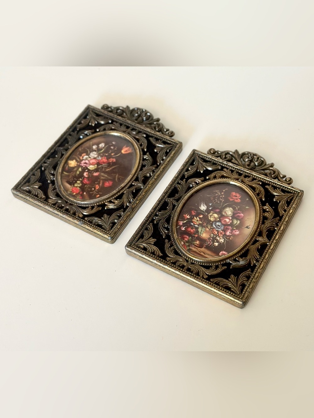 Vintage Miniature Italian Ornate Brass Filigree Floral Velvet Frames Pair